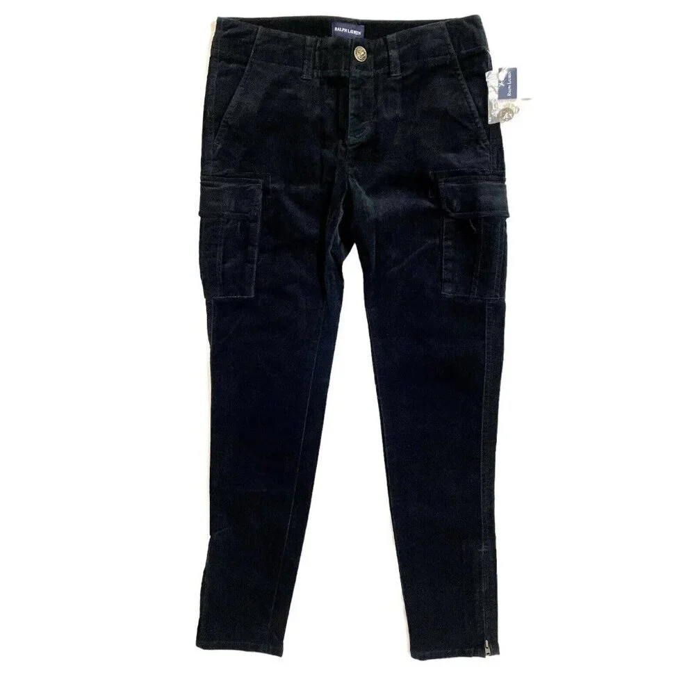 Ralph Jeans Black Velvet Stretch Skinny Cargo Pants Sz 14 NWT